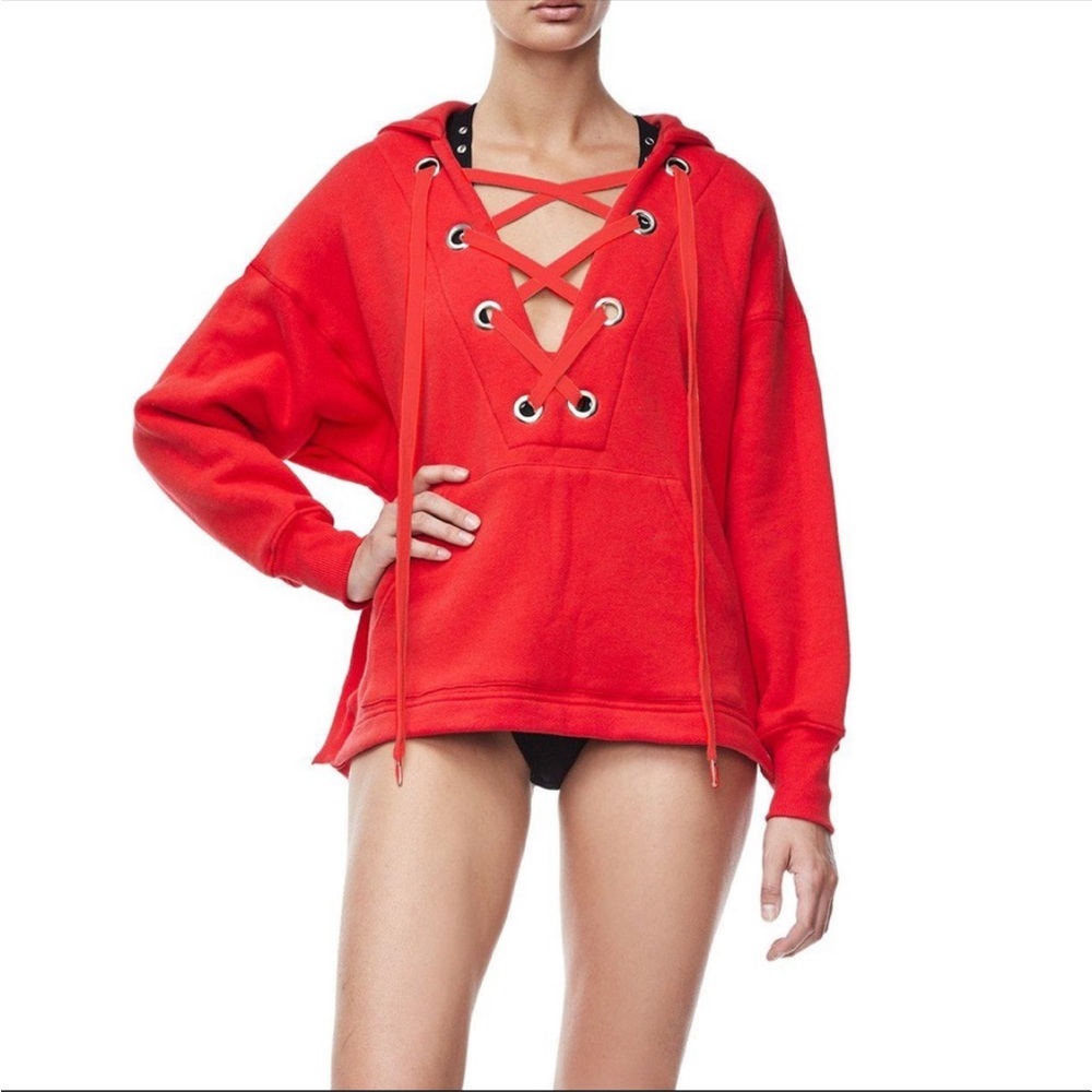 Good American Red Oversized Lace Up Tie Hoodie Sweatshirt